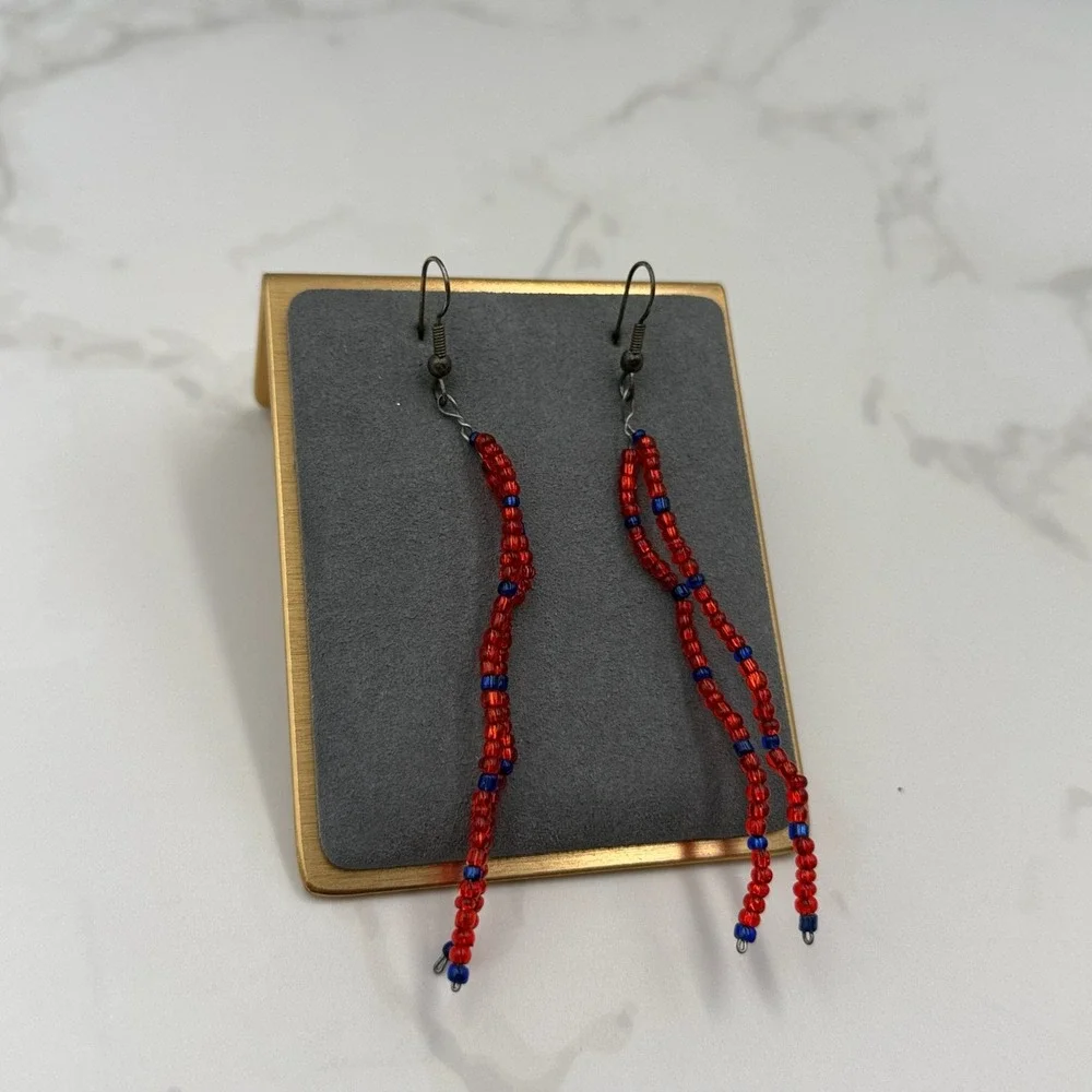 Vintage Womens Red Blue Seed Long Beaded Fashion Jewelry Dangle Earrings 90s Y2K
